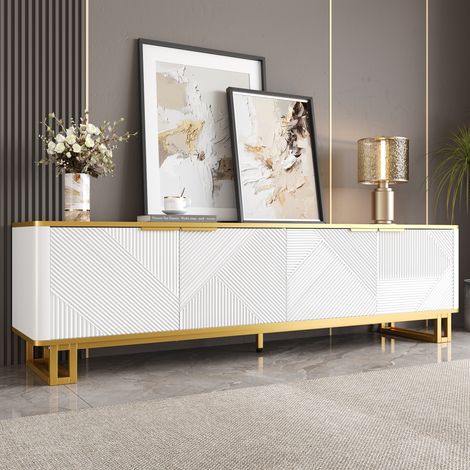 TV-Ständer 160x37,5x48cm Geometrisches Reliefpaneel MDF Metallgestell Weiß