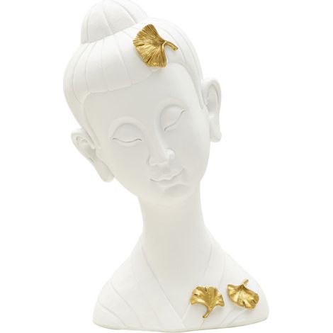 Scultura Testa Buddha femminile in resina bianca con dettagli foglie d'oro