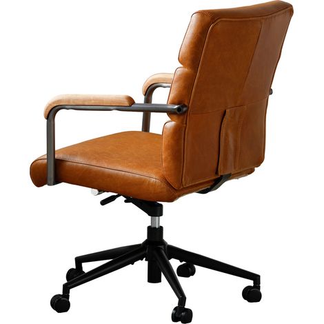 Silla de oficina de cuero marrón con ruedas, reposabrazos de madera y altura regulable HOMVRA (1/5)