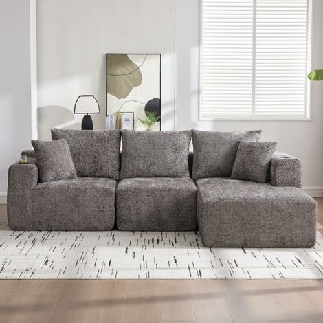 102'' Komprimiertes modulares Ecksofa, Grau knochenlos mit Getränkehalter, L-förmig mit tiefer Sitzfläche, keine Montage – Maße: 261×165×80.5 cm