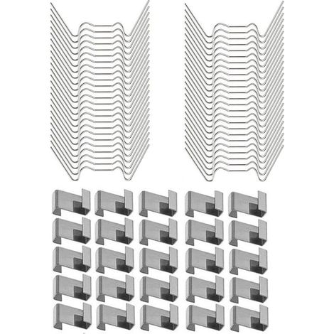Set di 100 morsetti per vetro per serre, morsetti per vetro in acciaio inox, morsetti di montaggio, 50 morsetti per vetro a forma di W e 50 a forma di Z, tappi di protezione per il vetro. (1/5)