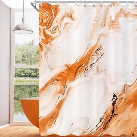 Rideau de douche 180x180 cm, motif marbre effet encre de Chine dégradé art abstrait moderne, tissu imperméable lavable en machine, crochets inclus, orange (1/5)