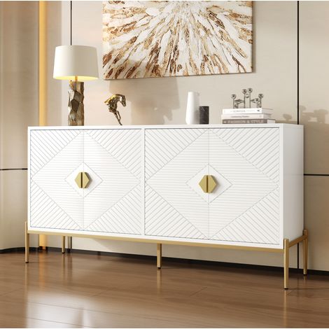 Credenza 162x40x80 cm bianco in MDF e truciolare con porte geometriche, maniglie dorate e gambe in metallo (1/5)