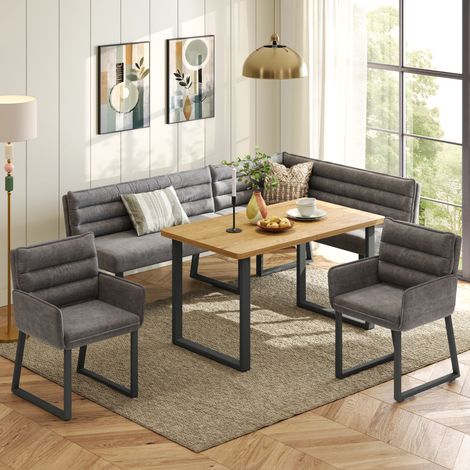 Esstisch- und Stuhl-Set mit Eckbank, Chenille grau & eichefarben, MDF 140x80 cm, stabiler Metallrahmen, MIVRAY