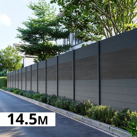 Kit Clôture Aluminium BAHIA & CRUZ Ardoise 14,68x1,8m - Bois Composite & Aluminium - Poteaux Gris - Brise Vue - Palissade