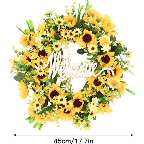 Couronne de tournesols pour porte, décoration murale style nordique, suspension "Hello" 45cm, ornement floral solaire. (1/5)