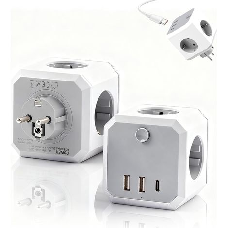 Multiprise avec Interrupteur, 7-en-1 Multiprise Cube, 4 Prises avec 3 USB(2 USB-A et 1 USB-C), Multiprise Murale Bloc Prise pour la Maison/Le Bureau, Blanc (1/5)