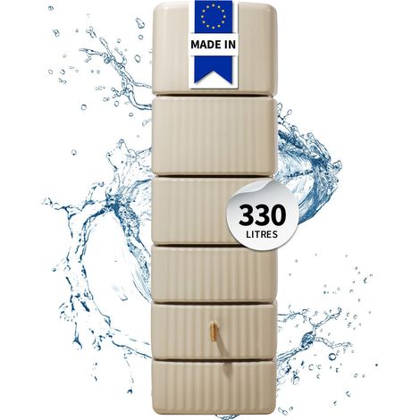 Récupérateur d'eau de pluie mural slim 330 L – Couleur sable – Robinet PE imitation laiton – Raccords filetés 19 mm pour vidange – 4Rain