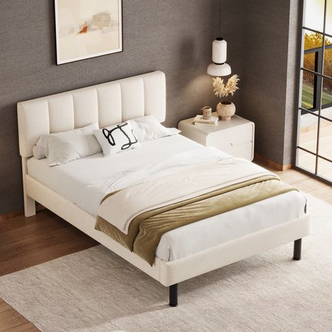 Letto imbottito 140x190 cm in Sherpa beige con rete a doghe OKMYHOME (1/5)