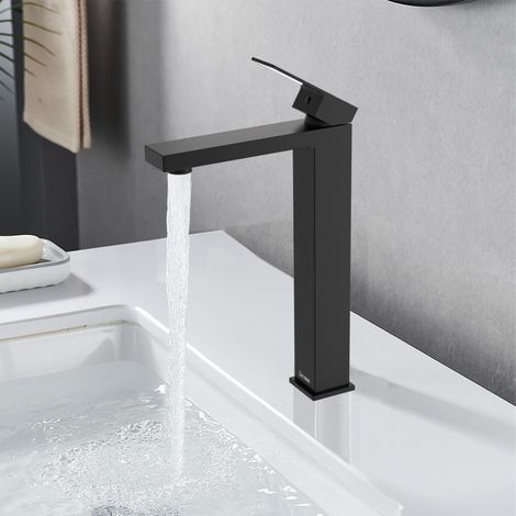 Robinet Salle Bain Noir Haut,Robinet Lavabo Hauteur de bec 250 mm,Mitigeur Haut Salle de Bain,Acier Inoxydable,Levier Unique,Mousseur Remplaçable (1/5)