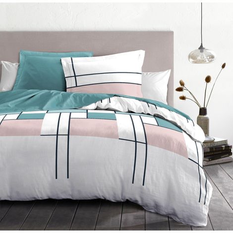 Parure de Couette 220x240 cm 3 pièces Percale de Coton Douce Housse + taies Blanc Bleu Pastel Modèle L'intrigante (1/5)
