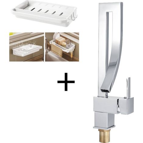 Robinet cascade de lavabo de cuisine en laiton, mitigeur d'eau chaude et froide + égouttoir de rangement de cuisine blanc avec 2 crochets de suspension, chiffon de nettoyage sans poinçonnage, support  (1/5)