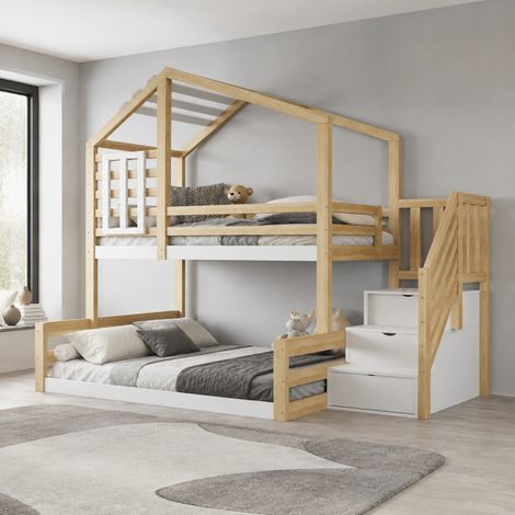 Letto a castello per bambini 90x200 cm in legno naturale, salvaspazio, senza materasso (1/5)