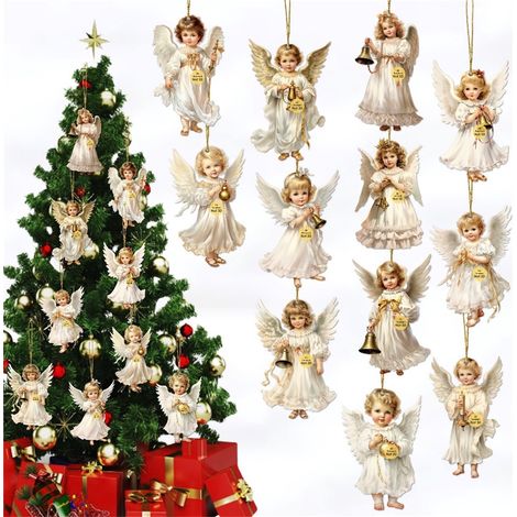 Angel En Bois - Décoration De Sapin De Noël - Ornement Suspendu Pour Intérieur Et Extérieur - Lot De 12 Pièces (1/5)