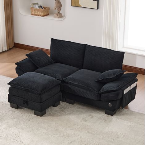 Canapé 2 places modulaire 190x132x84 cm noir en velours côtelé avec pouf, USB-C et poches latérales (1/5)