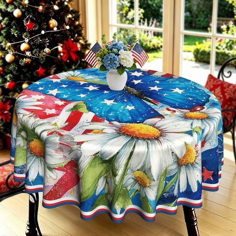 Nappe ronde décorative à motif papillons et marguerites, style drapeau américain 2D (1 pièce) Idéale pour les repas en intérieur, les réceptions dans le jardin et les fêtes saisonnières. (1/4)