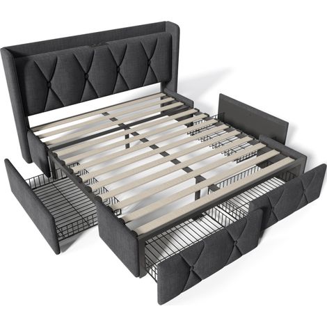 Cama con almacenaje 140 x 200 cm con 4 cajones, USB y enchufes, tela gris - HOMVRA (1/5)