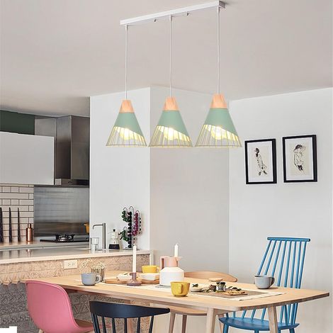 Suspension Luminaire Moderne Industrielle Bois Lustre Abat-jour Métal Vintage forme Cage Ø25cm Plafonnier E27 Design pour Cuisine Chambre Salon (3 lampes - Vert- barre) [Classe énergétique A]