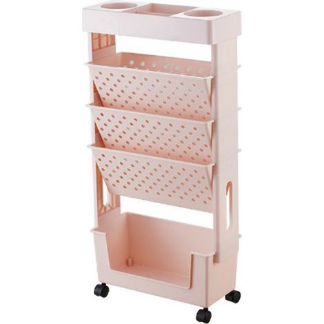 Étagère à livres pivotante multifonctionnelle, rotative, démontable, en plastique pratique, avec roulettes, rangement à plusieurs niveaux, rose (1/5)