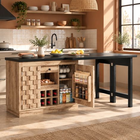 Drehbare Kücheninsel 360° 120-197 cm mit Patchwork-Türen, Weinregal, MDF und Metall, Schwarz (1/5)
