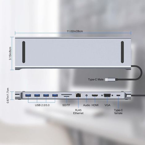 Station d'accueil USB C 11 en 1 – HDMI 4K 30 Hz – 4 ports USB 3.0 – Lecteur SD/TF – RJ45 100 Mbps – Adaptateur pour MacBook et PC