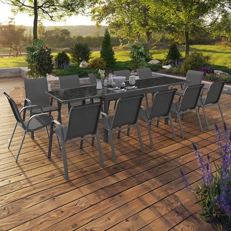 Conjunto de muebles de jardín MADRID - mesa extensible gris 135-270 cm y 12 sillas apilables gris antracita