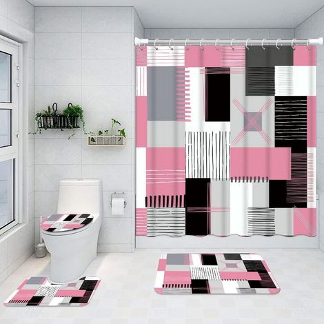 Ensemble de rideau de douche, comprenant un tapis de sol antidérapant, un tapis de toilette et un rideau de douche, rose (1/5)