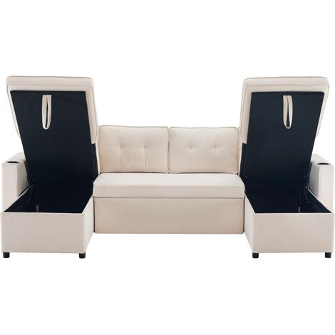 Canapé d'angle en U convertible en canapé-lit 4 places en tissu coton et lin avec rangement et porte-gobelets (1/5)