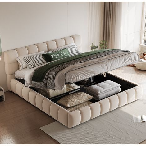 Cama doble dormitorio con almacenamiento beige OKMYHOME (1/5)