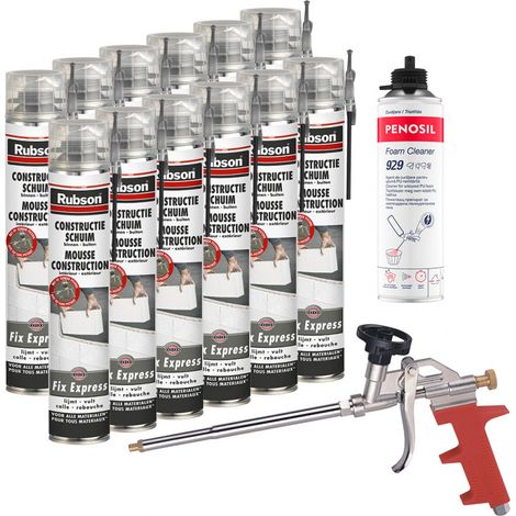 RUBSON Pack 12 Mousses construction 750ml Fix Express + Nettoyant FoamCleaner 929 500ml Penosil + Pistolet