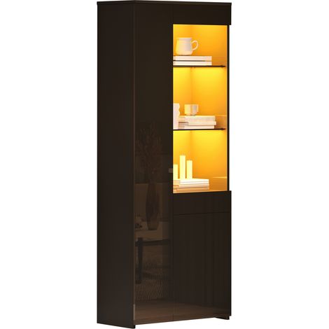 Vitrine haute 70 x 35 x 180 cm avec LED contrôlée par application, 2 portes, 1 tiroir, rangement en verre trempé, finition noir brillant, 45 kg - CHICFURN (1/5)