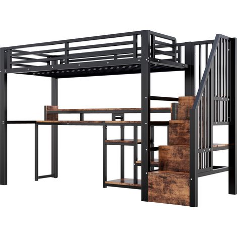 Cama alta 90 x 200 cm de metal con estantería de escalera, compartimento, USB-C y LED, negro (1/5)