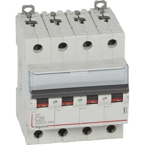 Legrand – Disjoncteur tétrapolaire 400V – 10kA – Intensité 20A – Courbe C – Arrivée haute et départ bas à vis – Pour peigne HX³ traditionnel