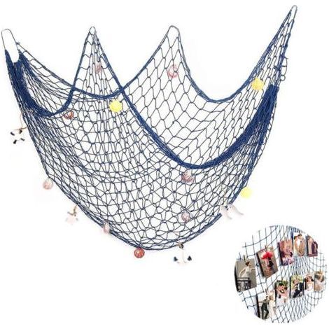 Filet de pêche décoratif 1.5 x 2M – Tissé à la main en coton – Coquilles colorées – Décoration murale style méditerranéen (1/5)