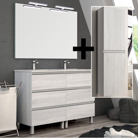 Ensemble meuble de salle de bain 140cm simple vasque + colonne de rangement - hibernian (bois blanchi) - PALMA (1/5)