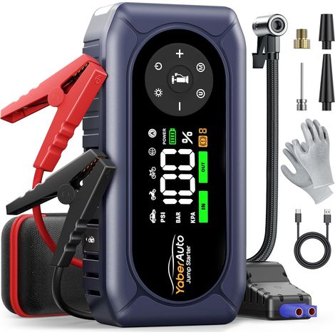 Booster Batterie Voiture 6000A, 12V Démarreur Voiture avec Compresseur 150PSI, avec Lampe LED 500 Lumens à 4 Modes et Ecran LCD 3,3''(Tout Gaz ou 10L Diesel) (1/5)