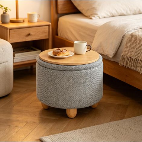 Tabouret de rangement rond 39x39x33 cm gris clair avec plateau réversible, lin, MDF et bois MEUBLIV (1/5)