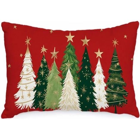 Housse de coussin de Noël 12 x 20 pouces, aquarelle, sapin de Noël, étoiles, décoration, vacances, ferme, hiver（Rouge） (1/5)