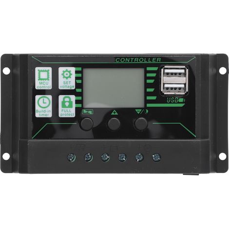 Regolatore di carica solare 12V/24V 10A con display LCD, doppia porta USB e protezione multipla per pannelli solari (camper, auto, barca). (1/5)