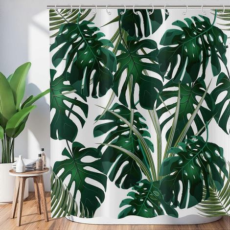 Rideau de douche 180 x 200 cm à motif de feuilles tropicales, feuilles de palmier vert foncé, motif botanique jungle, imperméable, en polyester lavable. (1/5)