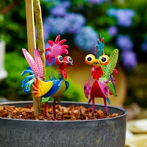 Ensemble de 2 coqs en métal originaux, décoration de coq en métal pour patio, jardin, ferme, pelouse, décoration de cuisine. (1/5)