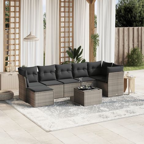 Set de sofás de jardín 8 pzas y cojines ratán sintético gris vidaXL (1/4)