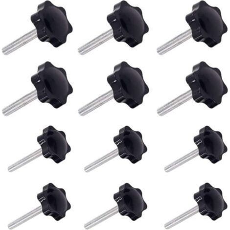 Lot de 12 poignées de serrage M6 et M8 – Filetage mâle 32mm et 38mm – Plastique et métal noir – Pour équipements mécaniques (1/5)