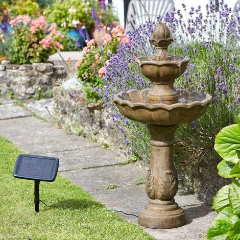 Fontaine de jardin solaire à 3 niveaux – Résine aspect pierre – Hauteur 98 cm – Pompe avec télécommande – Écoulement sur 2 étages – Smart Garden (1/3)