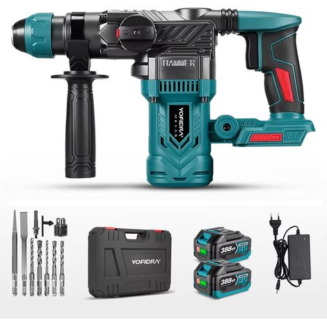 Marteau perforateur rotatif sans fil 26mm SDS Plus Brushless compatible Makita 18V – perceuse à percussion électrique multifonction 3 en 1, 2 batteries + 10 accessoires inclus (1/5)