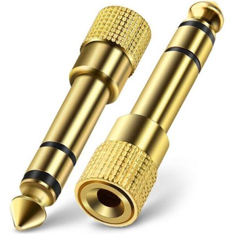 Un ensemble de deux adaptateurs jack audio stéréo femelles 3,5 mm vers mâles 6,35 mm, plaqués or (1/5)
