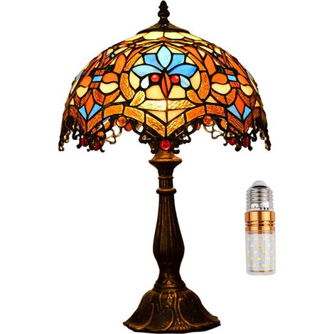 Tiffany-Tischleuchte (30 cm) mit Buntglasschirm, antike Nachttischlampe für Wohnzimmer, Schlafzimmer, Büro, Vintage Art déco, Viktorianisch