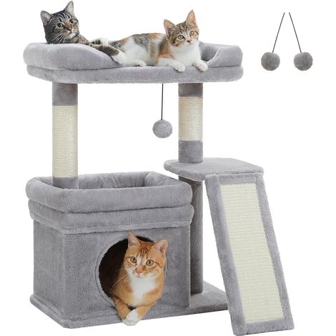 Petit Arbre à Chat pour Chats Adultes avec Large Surface de Couchage, Grotte privée et Colonne à griffer en sisal, griffoir pour Chats d'appartement, Gris (1/5)