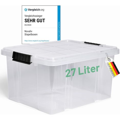 Boîte de rangement Novaliv avec couvercle 27L transparente emboîtable empilable boîte en plastique avec fermeture à clip Eurobox boîte en plastique