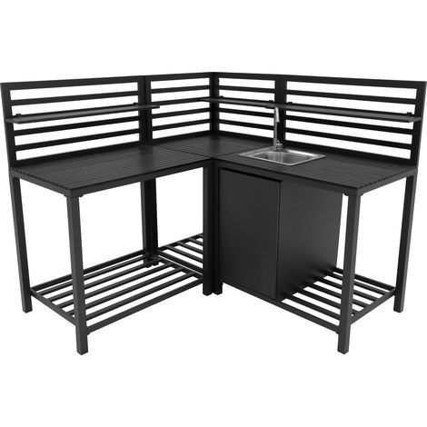 Cucina da Esterno 3 Pezzi Configurazione Modulare con Lavello Angolare e Tavolo Set in Alluminio Grigio Antracite Lavello in Acciaio con Rubinetto a Freddo Ripiani e Armadietti per Esterno
